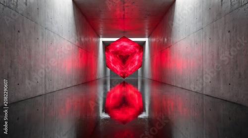 Futuristic sci-fi concrete corridor with floating glowing red crystal and reflective floor.