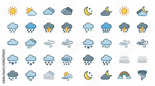 Fotografie Flat cartoon weather forecast icons set including sun, clouds, rain, snow, wind