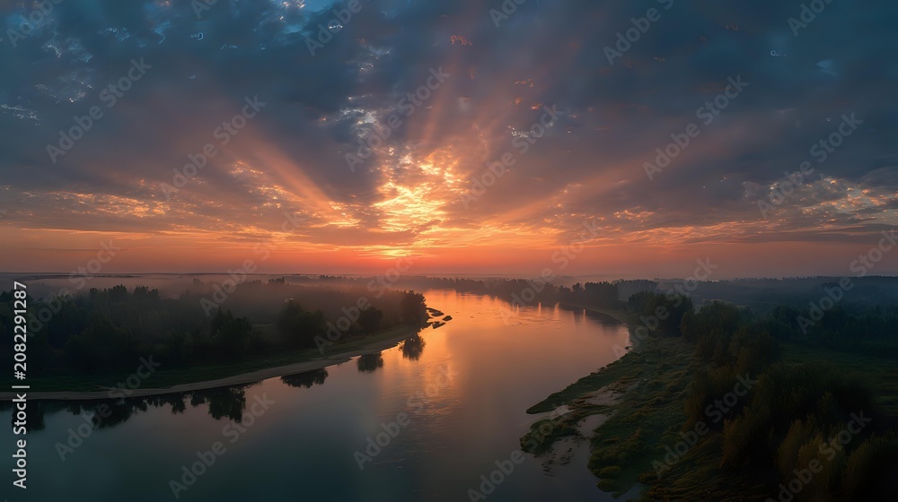Fototapeta premium Sunrise reflecting on distant river bend symbolizing hope guidance and continuity