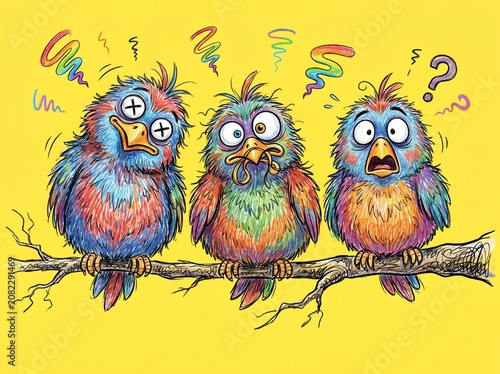 Three cartoon birds with exaggerated expressions on a branch, illustration