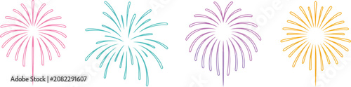 Colorful hand drawn firework explosion icons collection with fireworks celebration explosion celebratory pyrotechnics abstract illustration elements creative collection decorative birthday