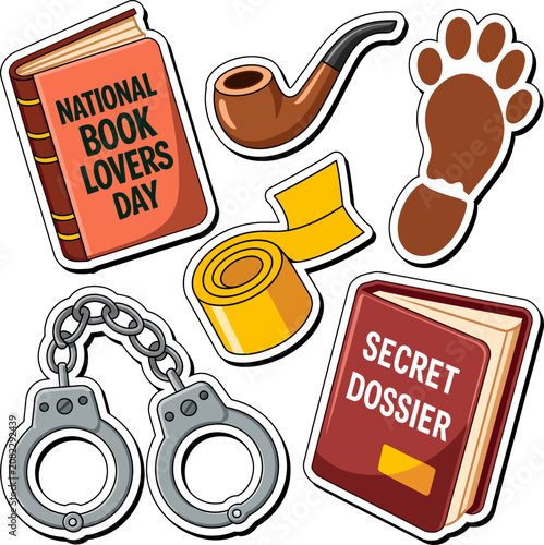 National Book Lovers Day Mysterious Detective Crime Fiction and Secret Spy Dossier, Cute Police Handcuffs and Tobacco Pipe Sticker Sheet Vector
