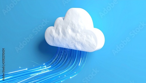   
Stylized white cloud with glowing blue data streams on bright sky background evoking digital connectivity, cloud computing, and modern technology infrastructure.