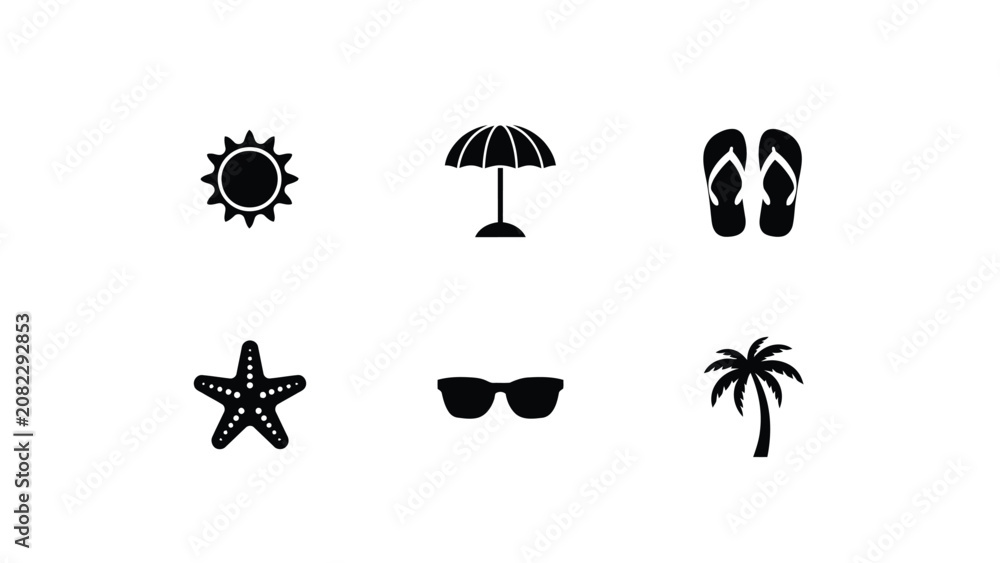 Naklejka premium Minimalist beach vacation icons set showcasing summer relaxation with sun umbrella flip flops starfish sunglasses