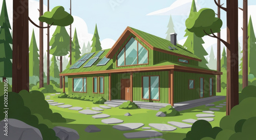 Modern Forest House With Solar Panels And Pathway