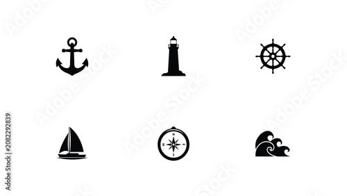 Bilde på lerret Minimalist nautical icons set featuring anchor lighthouse ship wheel sailboat co