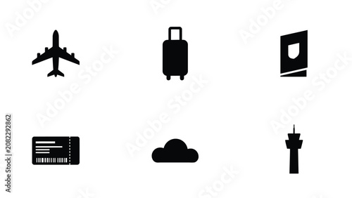 Modern flat iconset showcasing travel essentials including airplane luggage boarding pass cloud and control tower for adventure