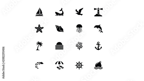 Minimalist black and white icon collection showcasing coastal and nautical themes for travel marketing