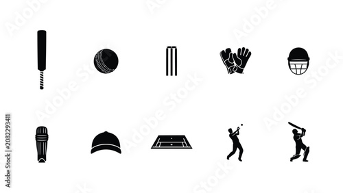 Modern black and white cricket iconography set featuring bat ball wicket gloves helmet and player actions for sports branding