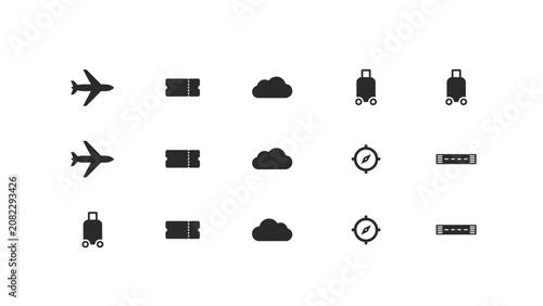Minimalist travel themed seamless iconset showcasing airplane luggage map and ticket symbols for modern presentations