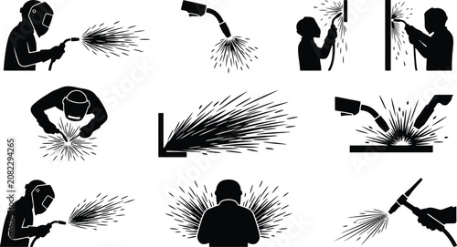 Industrial Metal Welding Silhouette Icon Set with Sparks and Workers for Manufacturing Manuals, Construction Safety & Engineering Projects (EPS)