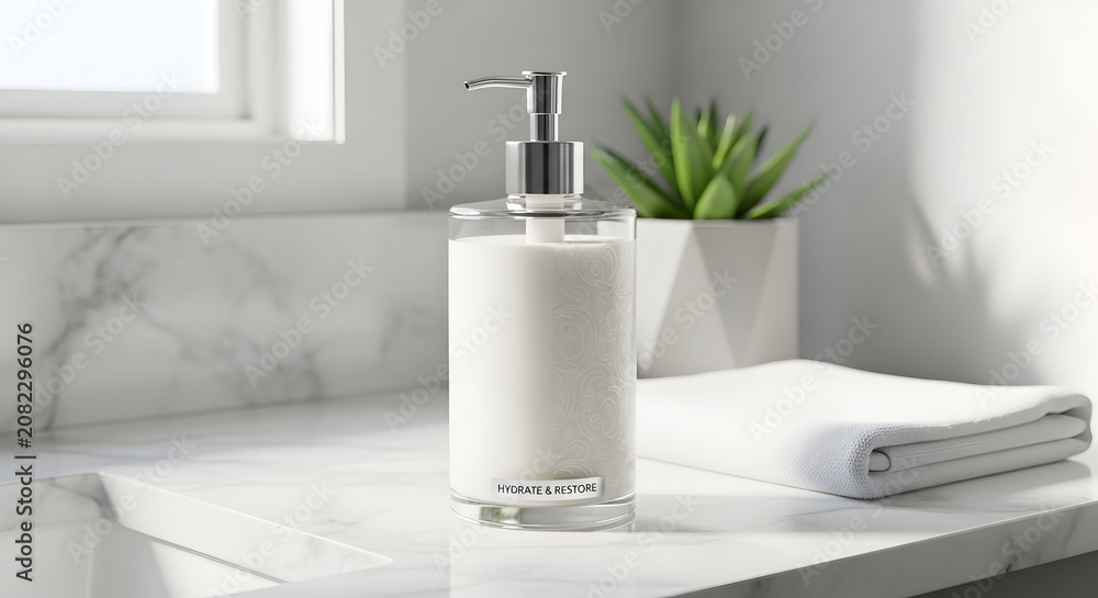 Fototapeta premium White Ceramic Dispenser with Fresh Aloe Plant on Minimalist Bathroom Countertop