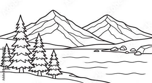 Alpine Lake Landscape Line Art Vector Design