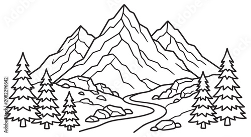 Mountain Valley Line Art Landscape Vector Design