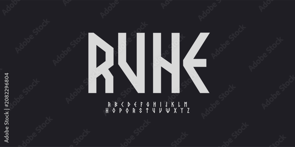 Fototapeta premium Nordic Font Scandinavian Logo Alphabet Runic Letter Set Rune Typography, Geometric Ethnic Typographic Design for Norway Text, Viking Poster Headline, Ancient Logotype, Norse Fonts. Vector Typeface