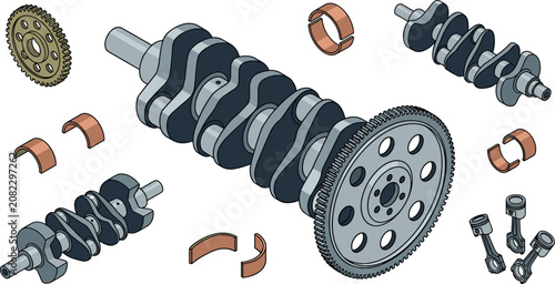 Bild auf Leinwand Automotive engine repair vector set showing car crankshaft mechanism main journa