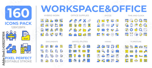 Office workspace colorful icons set collection. Physical and virtual space of work cooperation mega pack of flat line symbols, pixel perfect. Isolated vector illustrations. Editable stroke