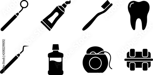 Quadro su tela Dental care black silhouette icon set featuring toothbrush toothpaste floss toot