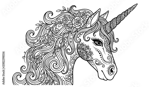 Hand Drawn Beautiful Unicorn Head Coloring Book Page with Floral Mandala Details Vector Illustration
