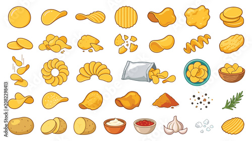 Potato chips assortment with whole potatoes and dips on white background vector illustration