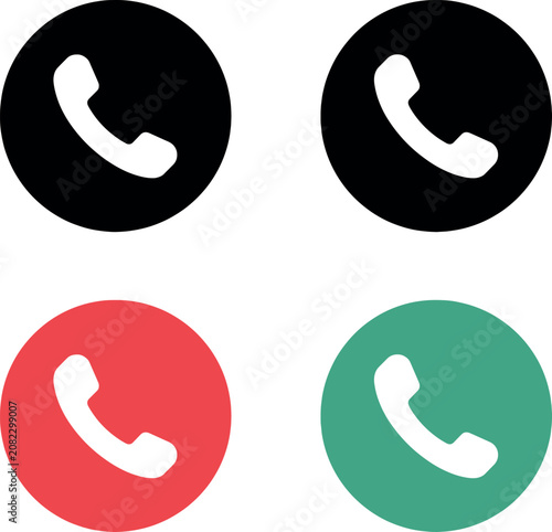 Vector Illustration Four phone receiver icons in black, red, and teal colors on round background shapes.