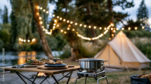 A clean product-style camping scene focused on a premium outdoor kitchen station with a wooden folding preparation table and a compact camp stove on a metal stand beside it, both s