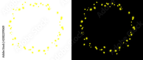Fotografie Glowing yellow fireflies in a circular frame, magical golden light particles on