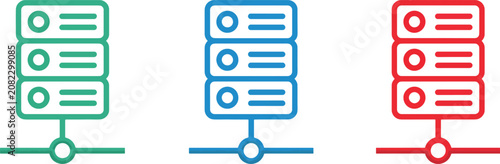 Vector Illustration Server and data storage rack icons presented in three different colors for network infrastructure and cloud technology.