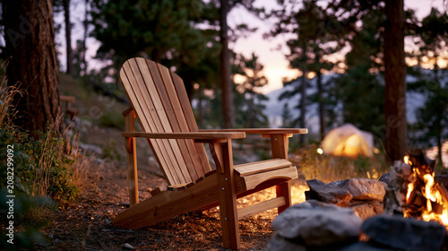 A clean product-style camping scene focused on a premium wooden Adirondack chair placed beside a contained stone campfire ring, empty chair with natural wood grain and slatted seat