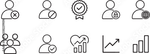 Vector Illustration User account management and business statistics line icon set isolated on transparent background vector design collection.