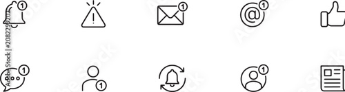 Vector Illustration Notification and alert message line icons with counter badges for social media communication and user interface design.