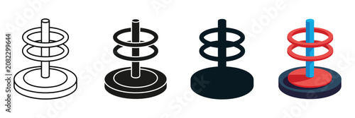 Obraz na plátně Ring toss game icons featuring carnival target equipment, outline, silhouette, flat, and isometric vector graphics for recreation, entertainment, and event design
