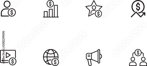 Vector Illustration Financial marketing and business growth icons with currency symbols for investment profit analysis and digital commerce.