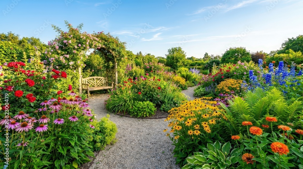 Obraz premium Blooming ornamental garden with colorful flowers and a wooden arbor. Peaceful landscape, outdoor relaxation, botanical beauty, spring gardening, summer season.