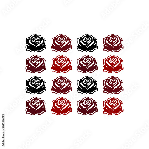 Red and Black Rose Icon Set, Flat Floral Vector Collection Isolated on White Background