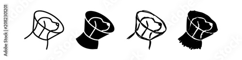 Photos Set of four minimalist dog icons wearing an Elizabethan collar, representing veterinary care and post-surgery recovery
