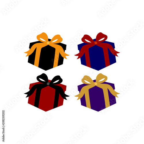 Colorful Gift Box Icon Set with Ribbon Bow, Flat Vector Style Isolated on White Background