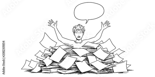 Fotografie Stressed person buried in a huge pile of paper documents with an empty speech bu