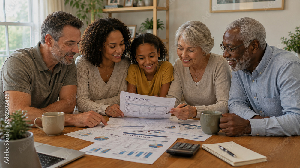 Fototapeta premium Multigenerational family reviewing investment and retirement financial plan together with documents at home in bright natural daylight