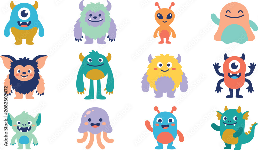 Naklejka premium Cute Cartoon Monster Characters Collection Featuring Colorful Fantasy Creature Vector Illustration Set