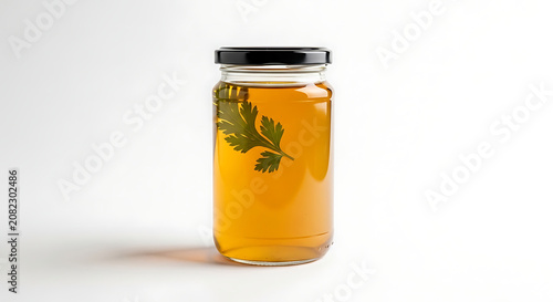 Glass bottle with black lid containing yellow liquid and green leaf inside transparent background
