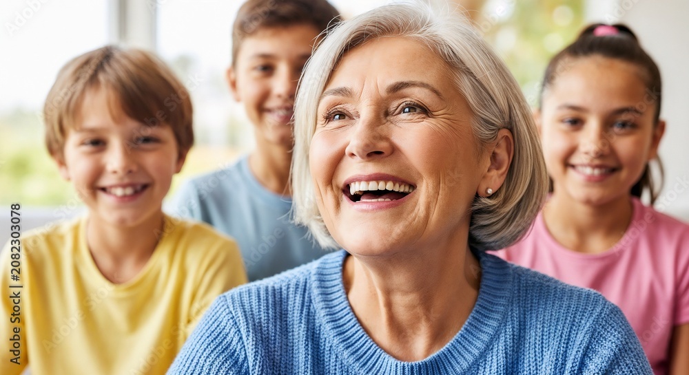 Obraz premium Senior woman laughing with grandchildren in joyful moment, sharing happiness and family connection. Senior woman enjoys precious time with grandchildren, smiling brightly, creating wonderful memories.
