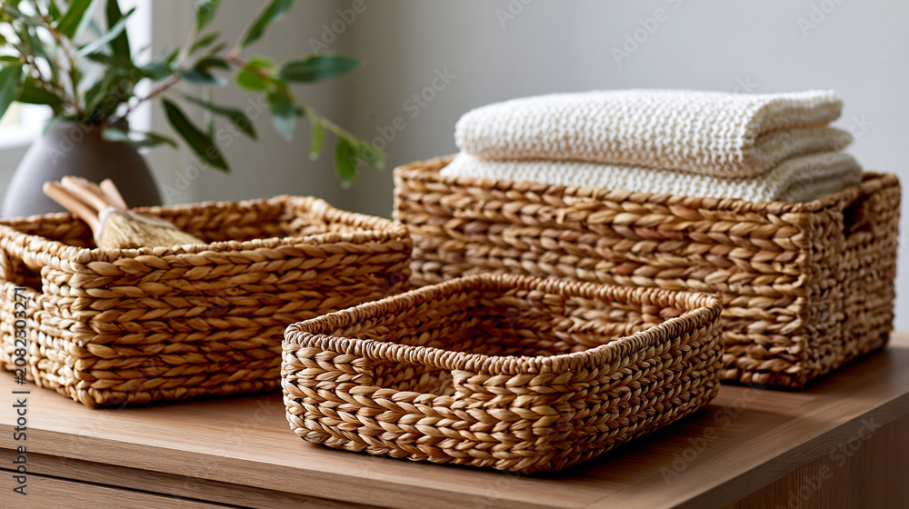 Obraz premium Use Decorative Baskets for Organization in-ultra-tiny apartment, clean, not cluttered. Decorative baskets provide attractive storage while reducing everyday clutter. Use them to or