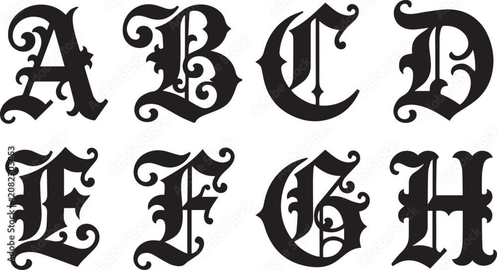 Fototapeta premium Vintage gothic alphabet letters black vector silhouette icon set for monogram and medieval design layouts