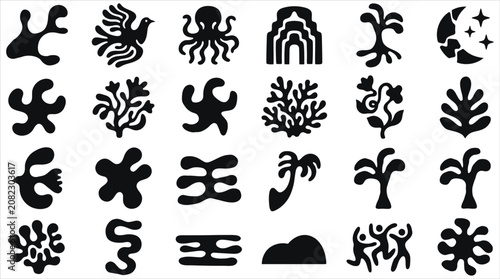 Tableau sur toile Set of minimalist abstract organic silhouettes and botanical graphic elements ha