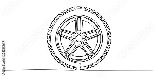 Tableau sur toile Continuous single line drawing of a car wheel tire with alloy rim in a minimalis