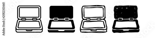 Vector set of open case or laptop icons in four different styles, including clean line art, solid black silhouette, and hand-drawn doodle versions on a white background.