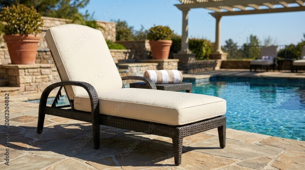 Fototapeta premium Luxury sun lounger beside a modern swimming pool. Resort style relaxation, outdoor comfort, summer vacation, premium lifestyle, backyard retreat.
