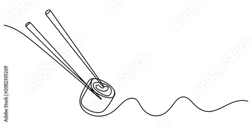 Fotografie Continuous single line drawing of a piece of sushi roll being held by a pair of