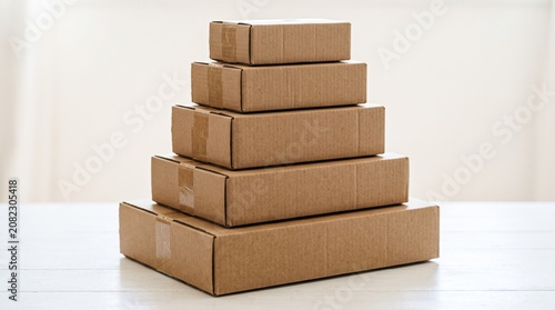 Shipping boxes concept. Neat stack of plain cardboard boxes on clean white surface. Supply chain packaging concept.